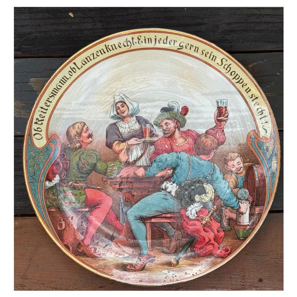 Antique 1900 - Mettlach Villeroy & Boch Cameo Plaque 17.5" Charger Tavern Scene